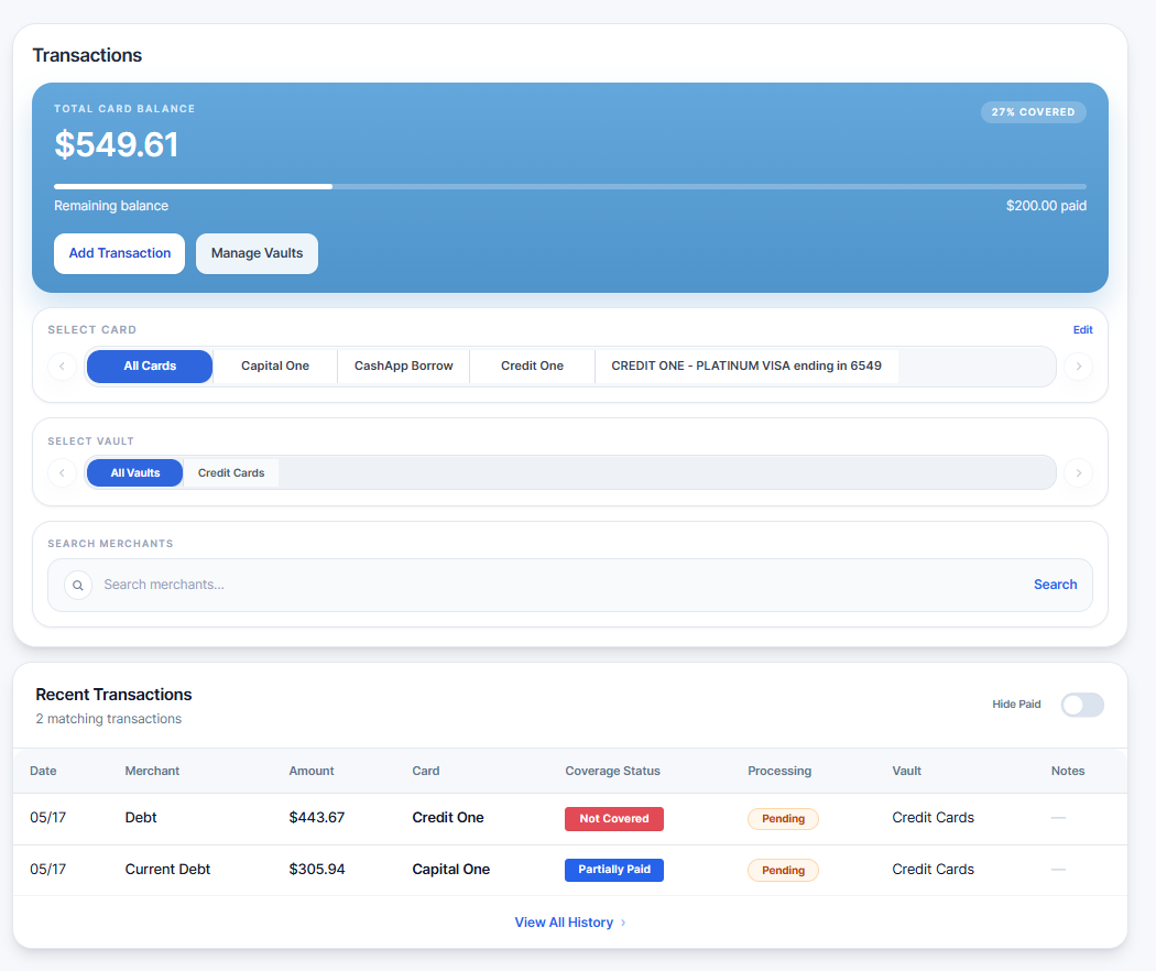 CardCaddy transactions with filters and purchase list